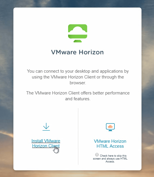 Если вы указываете свой браузер на сервер соединений Horizon (без пути / admin в пути), ссылка « Установить клиент VMware Horizon» перенаправляет на сайт VMware